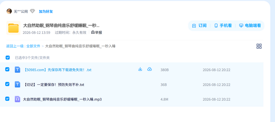 大自然助眠_钢琴曲纯音乐舒缓睡眠_一秒入睡 网盘目录截图